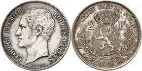 Royaume de Belgique
Léopold I, 1831-1865. 
2 Francs 1866,Bruxelles. ESSAI en ARGENT par Wiener. Buste nu à gauche, signature sous le cou / Armoiries...