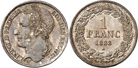 Royaume de Belgique
Léopold I, 1831-1865. 
1 Franc 1833, Bruxelles. Frappe monnaie. Tête coiffée d'une couronne de chêne à gauche / valeur et date d...