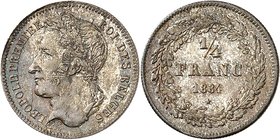 Royaume de Belgique
Léopold I, 1831-1865. 
1/4 Franc 1834, Bruxelles. Variante avec signature. Tête coiffée d'une couronne de chêne à gauche / valeu...
