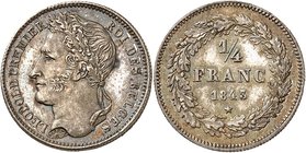 Royaume de Belgique
Léopold I, 1831-1865. 
1/4 Franc 1843, Bruxelles. Tête coiffée d'une couronne de chêne à gauche / valeur et date dans une couron...