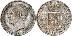 Royaume de Belgique
Léopold I, 1831-1865. 
1/4 Franc 1850, Bruxelles. Buste nu à gauche / Armoiries couronnées, valeur de part et d'autre, dans une ...