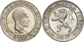 Royaume de Belgique
Léopold I, 1831-1865. 
20 Centimes 1860, Bruxelles. Sans point après I. Tête nue à droite / Lion avançant à gauche. 6,93g. Dupri...