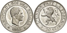 Royaume de Belgique
Léopold I, 1831-1865. 
20 Centimes 1860, Bruxelles. Point après I. Tête nue à droite / Lion avançant à gauche. 6,89g. Dupriez 75...