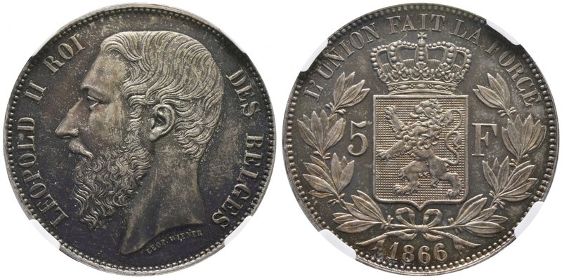 Royaume de Belgique
Léopold II, 1865-1909. 
5 Francs 1866, Bruxelles. FRAPPE s...