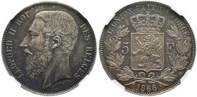 Royaume de Belgique
Léopold II, 1865-1909. 
5 Francs 1866, Bruxelles. FRAPPE sur FLAN BRUNI. Tête nue du roi à gauche. Nom du graveur au-dessous / E...