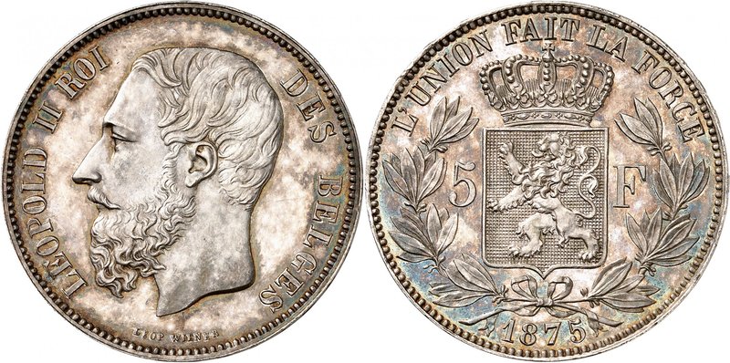 Royaume de Belgique
Léopold II, 1865-1909. 
5 Francs 1875,Bruxelles. FRAPPE su...