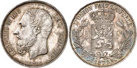 Royaume de Belgique
Léopold II, 1865-1909. 
5 Francs 1875,Bruxelles. FRAPPE sur FLAN BRUNI. Tête nue du roi à gauche. Nom du graveur au-dessous / Ec...
