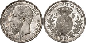 Royaume de Belgique
Léopold II, 1865-1909. 
2 Francs 1866,Bruxelles. ESSAI en ARGENT par Wiener. Buste nu à gauche, signature sous le cou / Armoirie...