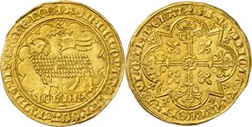 Brabant
Jeanne et Wenceslas, 1355-1383. 
Double mouton d'or non daté, Vilvorde. Agneau pascal avançant à gauche, dans un polylobe / Croix feuillue c...