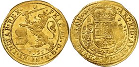Brabant
Philippe IV d'Espagne, 1621-1665. 
Souverain (lion d'or) 1655, Anvers. Lion brandissant une épée à droite. Date au-dessous / Armoiries couro...