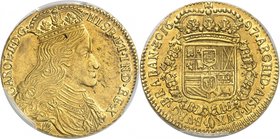 Brabant
Charles II d'Espagne, 1665-1700. 
Double Souverain d'or 1697, Anvers. Buste couronné, drapé et cuirassé, à droite / Armoiries couronnées, en...