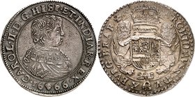 Brabant
Charles II d'Espagne, 1665-1700. 
Demi ducaton DE POIDS DOUBLE 1666, Bruxelles. Buste drapé à droite / Armoiries couronnées soutenues par de...