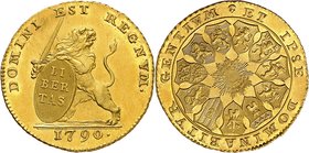Brabant
Provinces indépendantes, 1790. 
Lion d'or ou 14 Florins 1790,Bruxelles. Lion tenant un écu ovale à gauche. Date à l'exergue / Soleil rayonna...