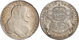 Flandres 
Charles II d'Espagne, 1665-1700. 
Double Ducaton 1694, Bruges. Buste drapé et cuirassé à droite / Armoiries couronnées soutenues par deux ...