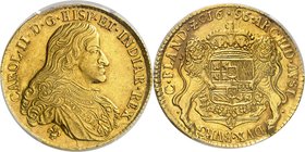 Flandres 
Charles II d'Espagne, 1665-1700. 
Demi Ducaton d'or 1696, Bruges. Buste drapé et cuirassé à droite. Fleur de lis au-dessous / Armoiries co...