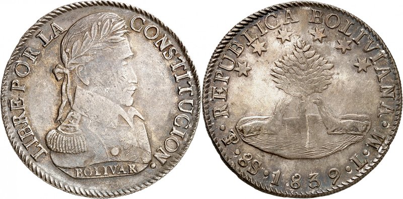 République, 1825-. 
8 Soles 1839, Potosi. Buste lauré de Bolivar à droite / Deu...