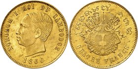 Norodom I, 1860-1904. 
4 francs 1860 (1899), Phnom Penh. FRAPPE en OR de POIDS LOURD. Tête nue à gauche. Date au-dessous / Armoiries sur un manteau c...
