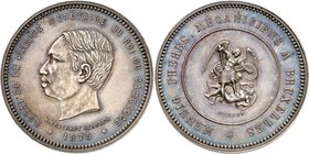 Norodom I, 1860-1904. 
Module de 5 Francs par les frères Mennig 1875, Bruxelles. ESSAI en ARGENT. Tête nue à gauche. Date à l'exergue / Saint Michel ...