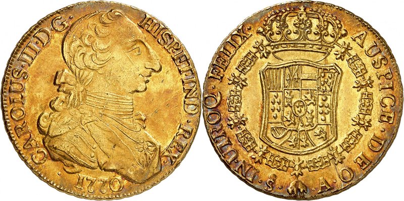 Charles III d'Espagne, 1759-1788. 
8 Escudos 1770 So, Santiago. Buste drapé et ...