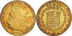 Charles III d'Espagne, 1759-1788. 
8 Escudos 1770 So, Santiago. Buste drapé et cuirassé à droite. Date au-dessous / Armoiries couronnées entourées du...