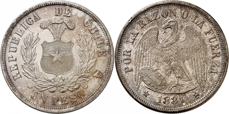 République du Chili
Pesos 1881, Santiago. Armoiries dans une couronne de laurie...