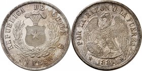 République du Chili
Pesos 1881, Santiago. Armoiries dans une couronne de laurier. Valeur au-dessous / Condor brisant ses chaînes à gauche. Date au-de...