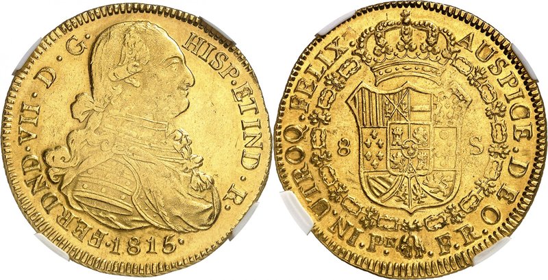 Ferdinand VII d'Espagne, 1808-1833. 
8 Escudos 1815 Pn, Popayán. Buste drapé et...