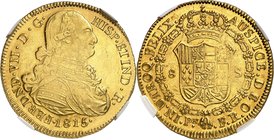 Ferdinand VII d'Espagne, 1808-1833. 
8 Escudos 1815 Pn, Popayán. Buste drapé et cuirassé à droite. Date au-dessous / Armoiries couronnées entourées d...