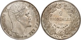 Frédéric VII, 1848-1863. 
Double Rigsdaler 1855, Copenhague. Tête nue à droite. Date au-dessous / Valeur dans une couronne de chêne. 28,90g. Dav. 77;...