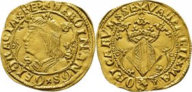 Royaume d'Espagne
Ferdinand II (Ferdinand V d'Espagne), 1504-1516. 
Ducat non daté, Valence. Buste couronné à gauche dans un polylobe. Lettre S deva...