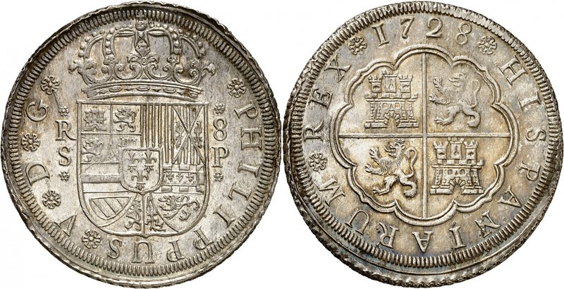 Royaume d'Espagne
Philippe V, 1700-1746. 
8 Reales 1728 S-P, Séville. Ecu cour...