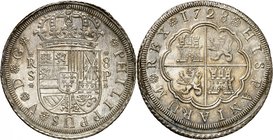 Royaume d'Espagne
Philippe V, 1700-1746. 
8 Reales 1728 S-P, Séville. Ecu couronné. Valeur de part et d'autre / Armoiries de la Castille et du León ...