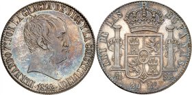Royaume d'Espagne
Ferdinand VII, 1808-1833. 
20 Reales 1822 M-SR, Madrid. Tête nue à droite. Date à l'exergue / Ecu couronné entre les colonnes d'He...