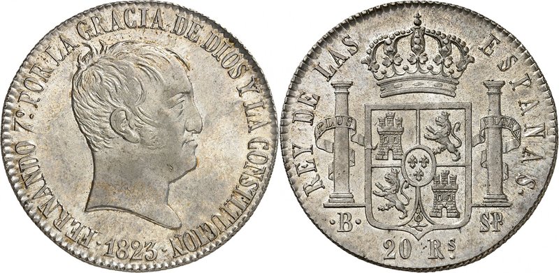 Royaume d'Espagne
Ferdinand VII, 1808-1833. 
20 Reales 1823 B-SP, Barcelone. T...