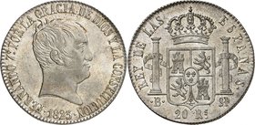 Royaume d'Espagne
Ferdinand VII, 1808-1833. 
20 Reales 1823 B-SP, Barcelone. Tête nue à droite. Date à l'exergue / Ecu couronné entre les colonnes d...