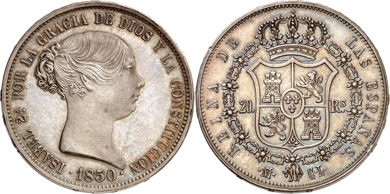 Royaume d'Espagne
Isabelle II, 1833-1868. 
20 Reales 1850 M-CL, Madrid. Tête n...