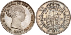 Royaume d'Espagne
Isabelle II, 1833-1868. 
20 Reales 1850 M-CL, Madrid. Tête nue à droite. Date à l'exergue / Ecu couronné flanqué de la date et ent...