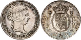 Royaume d'Espagne
Isabelle II, 1833-1868. 
20 Reales 1859, Madrid. ESSAI en ARGENT. Buste coiffé d'un diadème à droite. Date à l'exergue / Ecu couro...