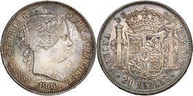Royaume d'Espagne
Isabelle II, 1833-1868. 
20 Reales 1860, Madrid. Buste lauré à droite. Date à l'exergue / Ecu couronné entre les colonnes d'Hercul...