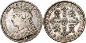 Royaume d'Espagne
Isabelle II, 1833-1868. 
4 Pesetas 1894. EPREUVE en ARGENT sur FLAN BRUNI. Buste voilé et couronné à gauche. Date au-dessous / Cro...