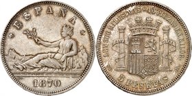 Royaume d'Espagne
Régence, 1868-1870. 
5 Pesetas 1870*18-70 SN-M, Madrid. L'Espagne assise à gauche. Date à l'exergue / Ecu couronné entre les colon...
