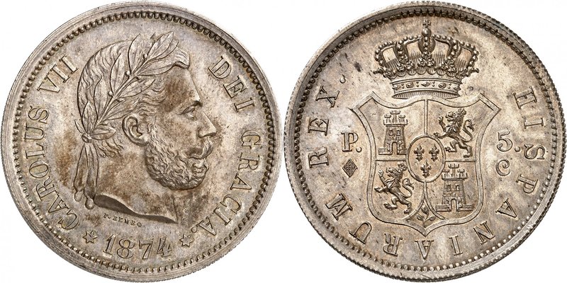 Royaume d'Espagne
Charles VII, prétendant, 1872-1876. 
5 Pesetas 1874, Bruxell...