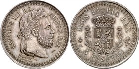 Royaume d'Espagne
Charles VII, prétendant, 1872-1876. 
5 Pesetas 1885, Bruxelles. Tête laurée à droite. Date au-dessous / Ecu couronné entre deux br...