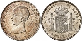 Royaume d'Espagne
Alphonse XIII, 1885-1931. 
5 Pesetas 1889*18-89 MP-M, Madrid. Tête nue à gauche. Date au-dessous / Ecu couronné entre les colonnes...