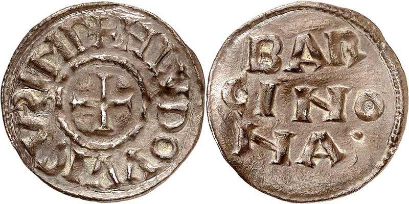 Barcelone
Louis le Pieux, 814-840. 
Denier non daté, Barcelone. Croix. Légende...