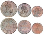 Menelik II, 1889-1913. 
Série de 3 monnaies en cuivre: Gersh, 1/2 Gersh et 1/4 Gersh EE 1888 (1896),Paris. Buste couronné à droite / Valeur dans un c...