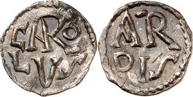 Royaume de France
Charlemagne, 768-814. 
Obole non datée (vers 771-793), Arles. CARO-LVS sur deux lignes / AR-DIS sur deux lignes. 0,82g. cf. Depeyr...