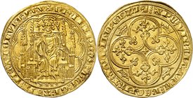 Royaume de France
Philippe VI de Valois, 1328-1350. 
Chaise d'or non datée (17 juillet 1346). Le roi assis de face sur une chaise gothique, tenant u...