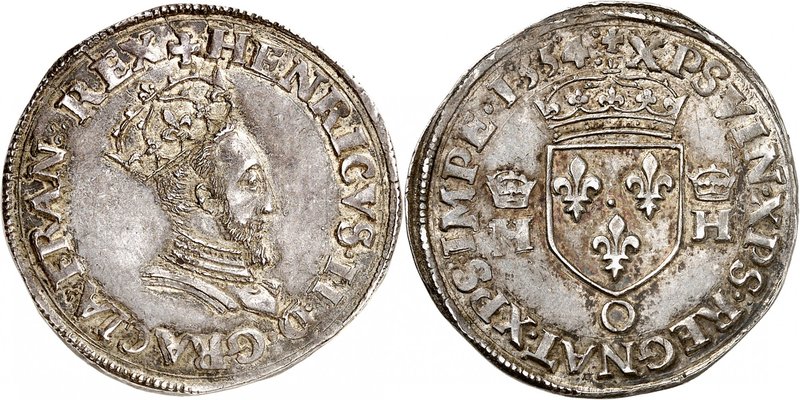 Royaume de France
Henri II, 1547-1559. 
Teston 1554 O, Moulins. Buste couronné...