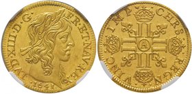 Royaume de France
Louis XIII, 1610-1643. 
Louis d'or à la mèche longue 1641 A, Paris. Buste lauré à droite. Date au-dessous / Croix formée de huit L...